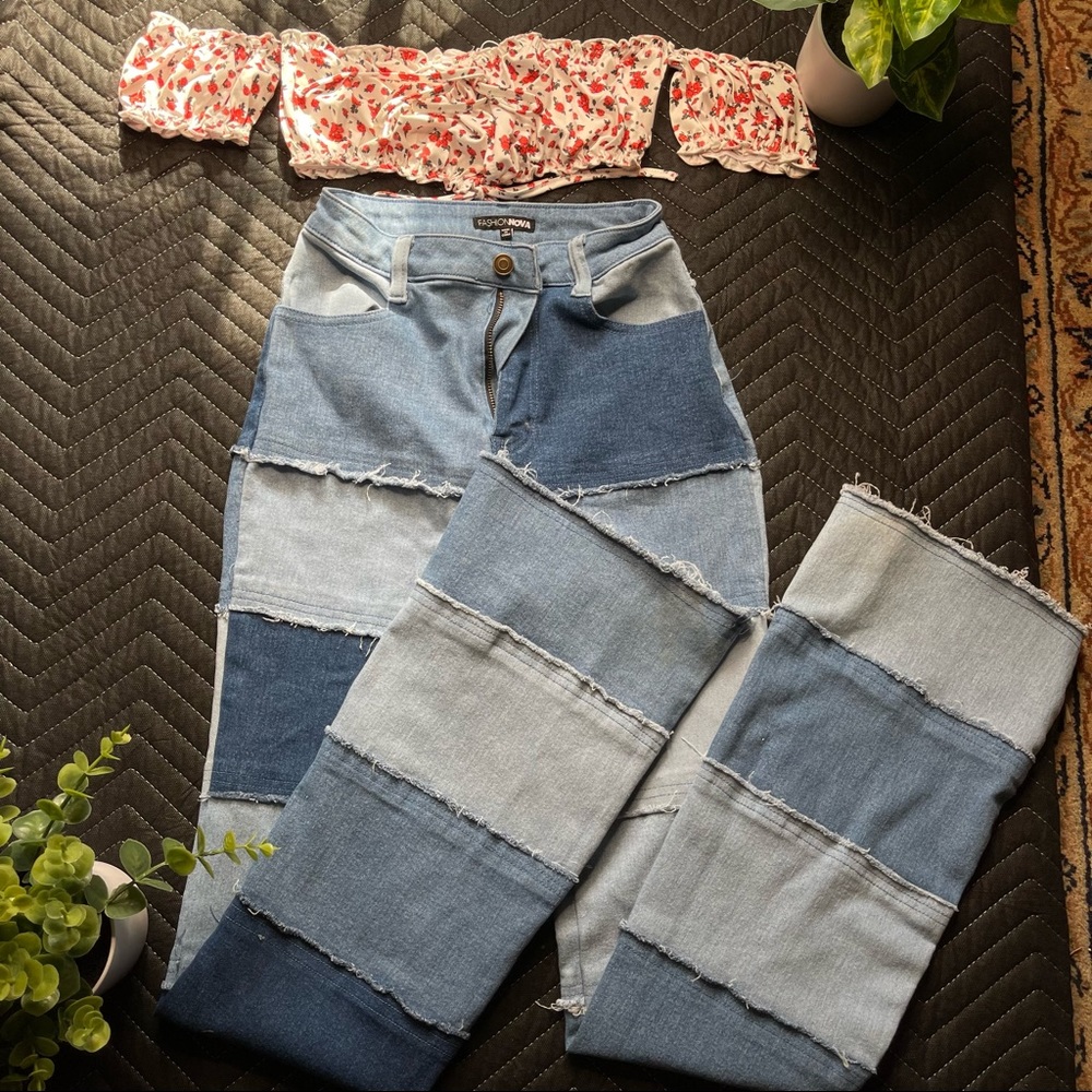 Megan Thee Stallion ft FashionNova Patchwork wide leg jeans